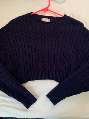 Altar'd State Cropped Cable Knit Sweater Navy Blue